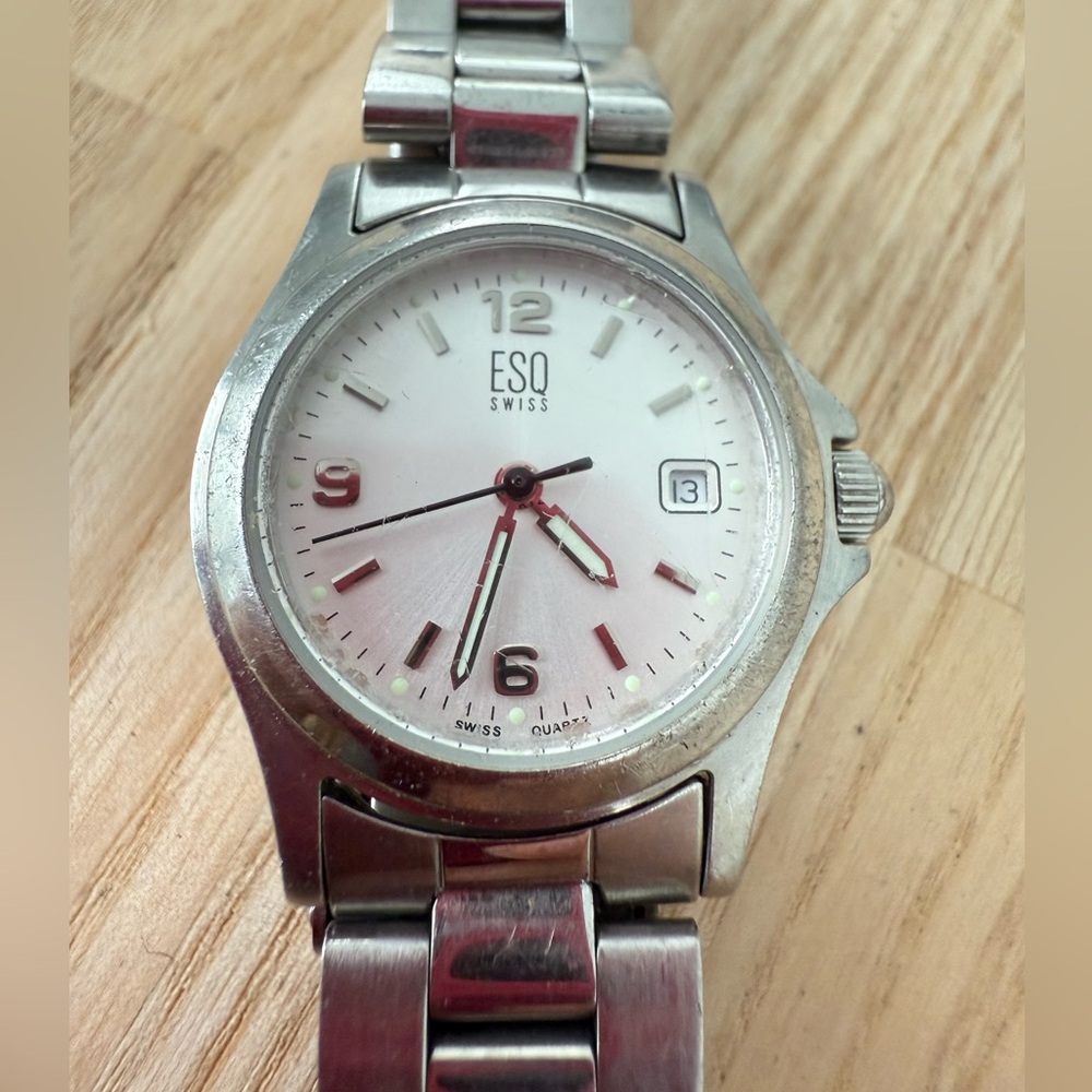 Esq by Movado ladies silver tone stainless steel watch NEW BATTERY